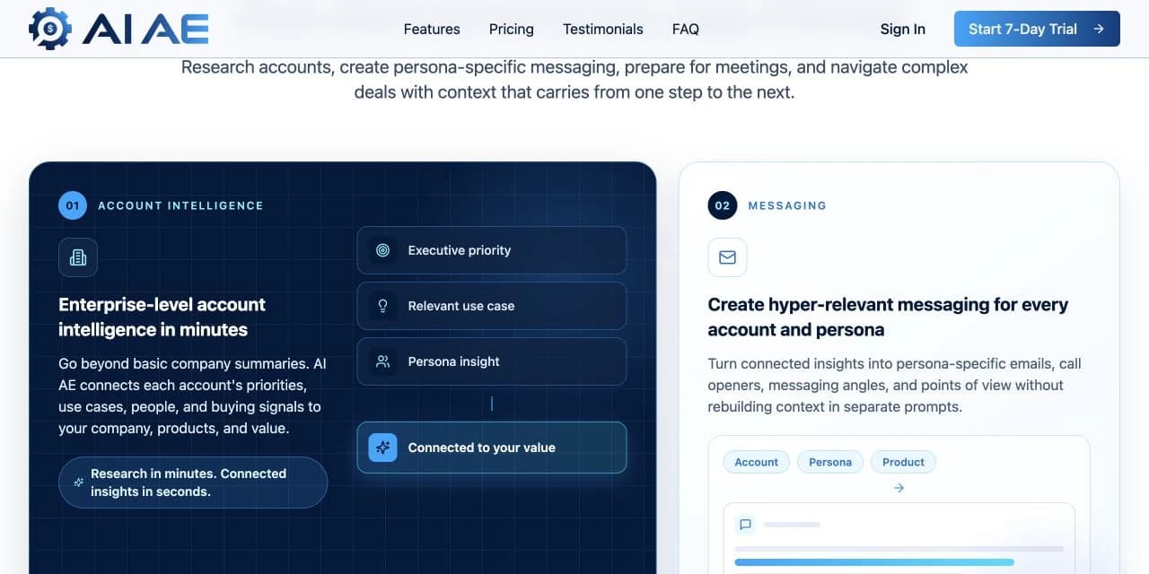 AI Account Executive public workflow showing account intelligence and persona-specific messaging
