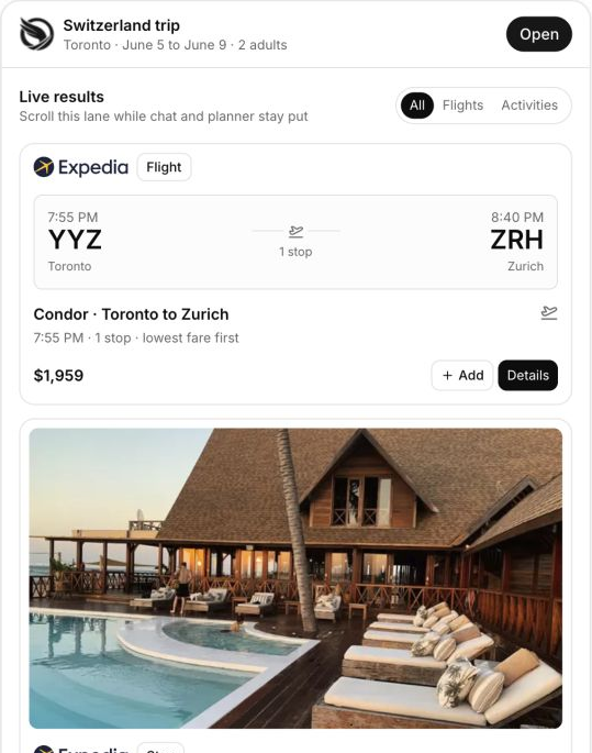 Optifly travel options with a hotel photograph